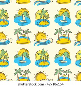 Idyllic cartoon vector seamless pattern with tropical paradise islands and palms 