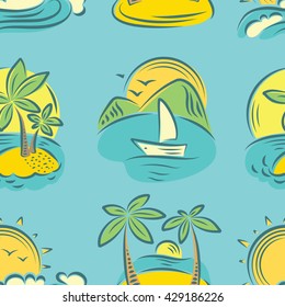 Idyllic cartoon vector seamless pattern with tropical paradise islands and palms 