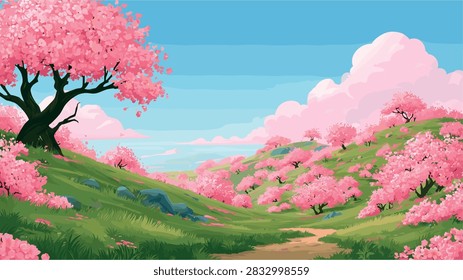 Idyllic Cherry Blossom Hillside Path Springtime Illustration