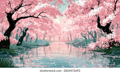Idyllic Cherry Blossom River Landscape with Floating Pink Petals