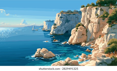 Idyllic Coastal Cliffs and Clear Blue Sea Landscape Vector
