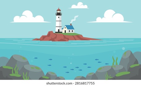 Idyllic coastal landscape of a lighthouse on a rocky island with underwater views of sea floor rocks and small fish.