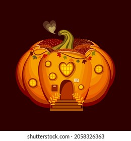 Idyllic cosy lovely autumnal pumpkin home vector illustration. Rustic quirky night time bungalow with shining windows, garlands of maple leaves, stair, letters in the mailbox and heart shaped smoke.