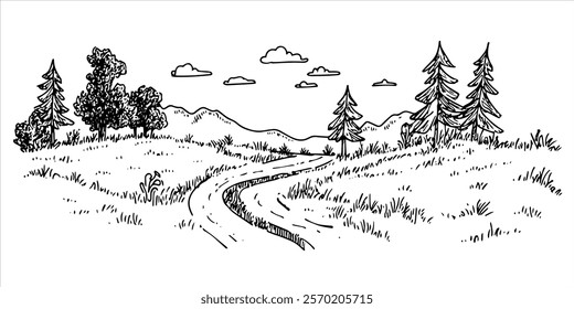 idyllic countryside landscape with trees and winding path hand-drawn illustration