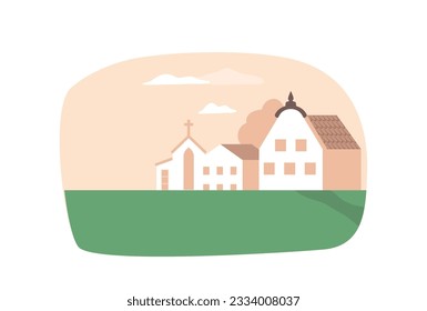 Idyllic Countryside Scene Featuring A Picturesque Catholic Church And Charming Cottage Nestled Within A Serene Landscape