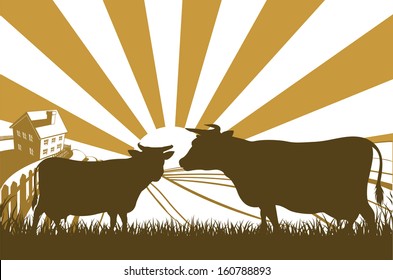 An Idyllic Dairy Farm Landscape With Cows In Silhouette And Farmhouse With The Sun Rising Over Rolling Hills