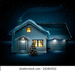 Idyllic Family House On Idyllic Snowy Christmas Night