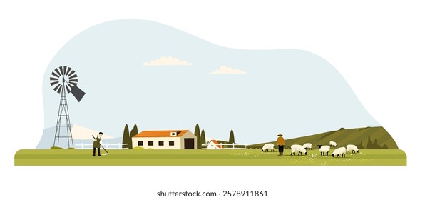 Idyllic farm landscape with farmers working, sheep grazing, a windmill providing power, and a farmhouse in the background depicting a sustainable and traditional agricultural scene