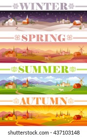 Idyllic farming landscape flayer design set with text logo Winter, Spring, Summer, Autumn. Villa houses, church, barn, mill, cow, horses, sheep and country roads. Four seasons year calendar set.