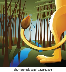 Idyllic forest with lion, king of beasts. EPS 8 vector, grouped for easy editing. No open shapes or paths.