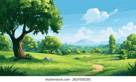 Idyllic Green Meadow Landscape with Path and Large Tree