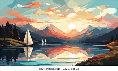 An idyllic lakeside setting with vibrant sails and a stunning mountain backdrop