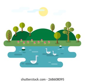 Idyllic landscape with lake. Illustration with Nature scene, with hills, trees, pond with water lilies and swans. Elements useful for infographics. Trendy flat style. Vector file is EPS8.