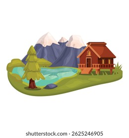 Idyllic mountain landscape with wooden hut, coniferous tree, and lake reflecting blue sky