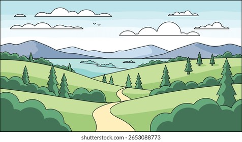 Cena de natureza idílica com caminho sinuoso que leva a um lago Sereno e montanhas Majestic