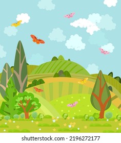 idyllic nature view with hills. summer scenery with flower fields and flying butterflies. blue sky with clouds. cartoon vector illustration of pastoral landscape with trees and bushes