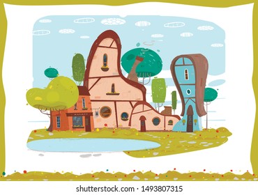 Idyllic Panorama Craft Village Scene Cartoon in Frame. Traditional Cozy Houses Made of Brick and Stone. Market Building. Green Garden with Trees Around. Lake and Soft Grass. Vector Flat Illustration