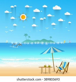 Idyllic paradise coast landscape with mountains. Summer camp vacation concept in flat style design 
Vector illustration