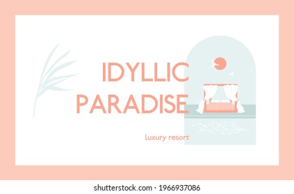 Idyllic paradise resort. Bed in hut with mosquito net near sea, ocean. Honeymoon, luxury rest, solitude vacation seaside concept banner with text and palm leaf. Abstract landscape with sun and gull