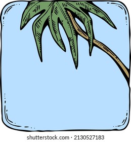 Idyllic place destination on the sea shore coast line in hot day or calm evening to relax in resort under a coconut palm in the shadow. Hand drawn retro vintage colorful vector illustration. Old style