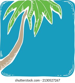 Idyllic place destination on the sea shore coast line in hot day or calm evening to relax in resort under a coconut palm in the shadow. Hand drawn retro vintage colorful vector illustration. Old style