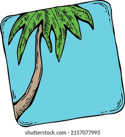 Idyllic place destination on the sea shore coast line in hot day or calm evening to relax in resort under a coconut palm in the shadow. Hand drawn retro vintage colorful vector illustration. Old style