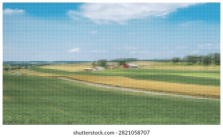 Idyllic rural countryside landscape featuring wheat fields green grass and traditional farm building. Picturesque agricultural valley scene design.