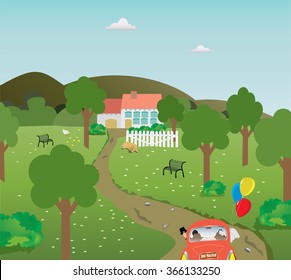 The idyllic rural images. A newly wed bride and groom arriving by car at his country house