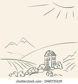 Idyllic rural landscape doodle. Secluded cozy house stands among the hills with mountains on the distance in sunny day, Vector illustration simple drawing