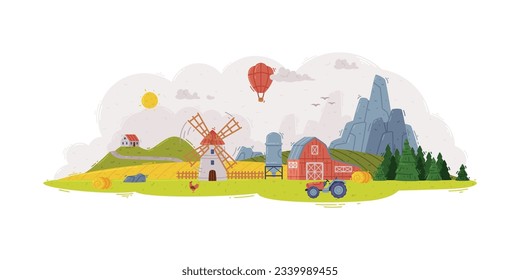 Idyllic Rural Landscape Scene with Mountain, Field and Windmill with Barn Vector Illustration