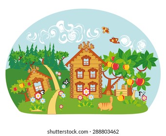 An idyllic rural landscape. Wooden houses, apple trees, well, blooming flowers and birds and butterflies.