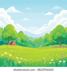 Idyllic rural scene featuring rolling hills lush meadows and colorful wildflowers