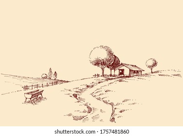 Idyllic rustic landscape sketch, the road to a small farm hand drawing