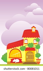 Idyllic scene with colorful cute house and sleeping white cat on the sofa