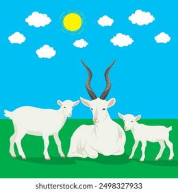 An idyllic scene featuring a serene adult goat with prominent black horns, standing between two adorable baby goats on green grass backdrop under a clear blue sky, fluffy white clouds, a bright sun