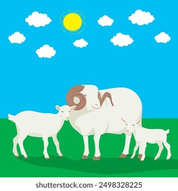 An idyllic scene featuring a serene adult sheep with prominent curved horns, standing between two adorable baby goats on green grass backdrop under a clear blue sky, fluffy white clouds, a bright sun