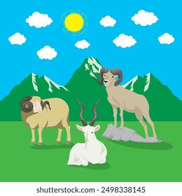 An idyllic scene featuring three adult animals two goats, one sheep standing together in a pastoral, green grass forest mountains background, clear blue sky, fluffy white clouds, bright sun