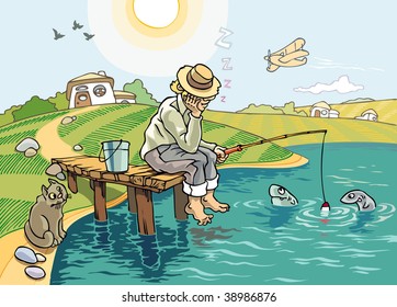 An idyllic scene of fishing at the countryside. The fisher sleeps under the blue sky but the suspicious fishes and the hungry cat are staying awake...