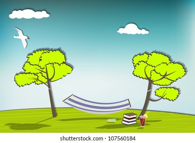 Idyllic scene with a hammock, blue sky, books and soft drinks, eps10 vector