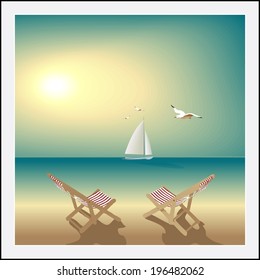 Idyllic seascape. evening deserted beach, two lounge chairs, sailboat and seagulls. Vector