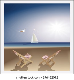 Idyllic seascape. evening deserted beach, two lounge chairs, sailboat and seagulls. Vector