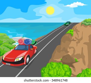 Idyllic seascape. The sun, blue sky and cars on the road.
