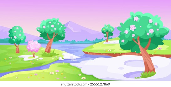 Idyllic spring landscape with blooming trees and river. Vector illustration