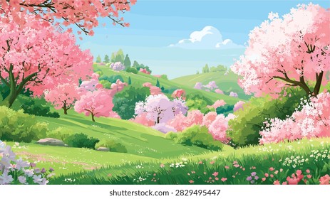 Idyllic Spring Landscape with Cherry Blossom Trees on Rolling Green Hills