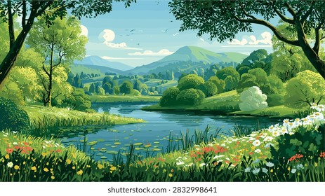 Idyllic Spring Landscape with Lush Forest and Wildflower Lake