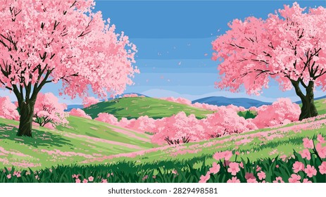 Idyllic Spring Landscape with Pink Sakura Blossom Trees