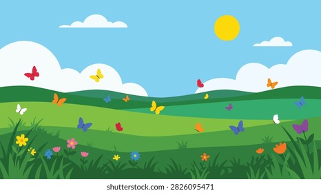 Idyllic spring meadow with colorful flowers and flying butterflies