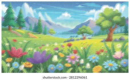 Idyllic spring meadow featuring blooming colorful flowers lush green grass majestic pine trees rolling hills and soft blue sky scenic nature landscape art vector.