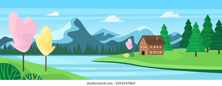 An idyllic spring scene landscape panorama with charming house surrounded by river and green fields of grass and pink sakura trees in the wonderful mountains cartoon vector illustration.