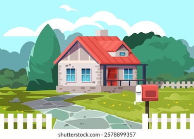 Idyllic suburban cottage featuring a charming red roof, lush yard, well kept lawn, inviting mailbox, and a classic white picket fence, embodying the essence of peaceful country living